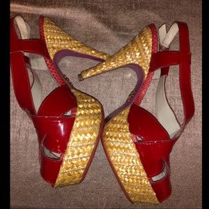 Betsey Johnson RED patent leather woven heel shoe